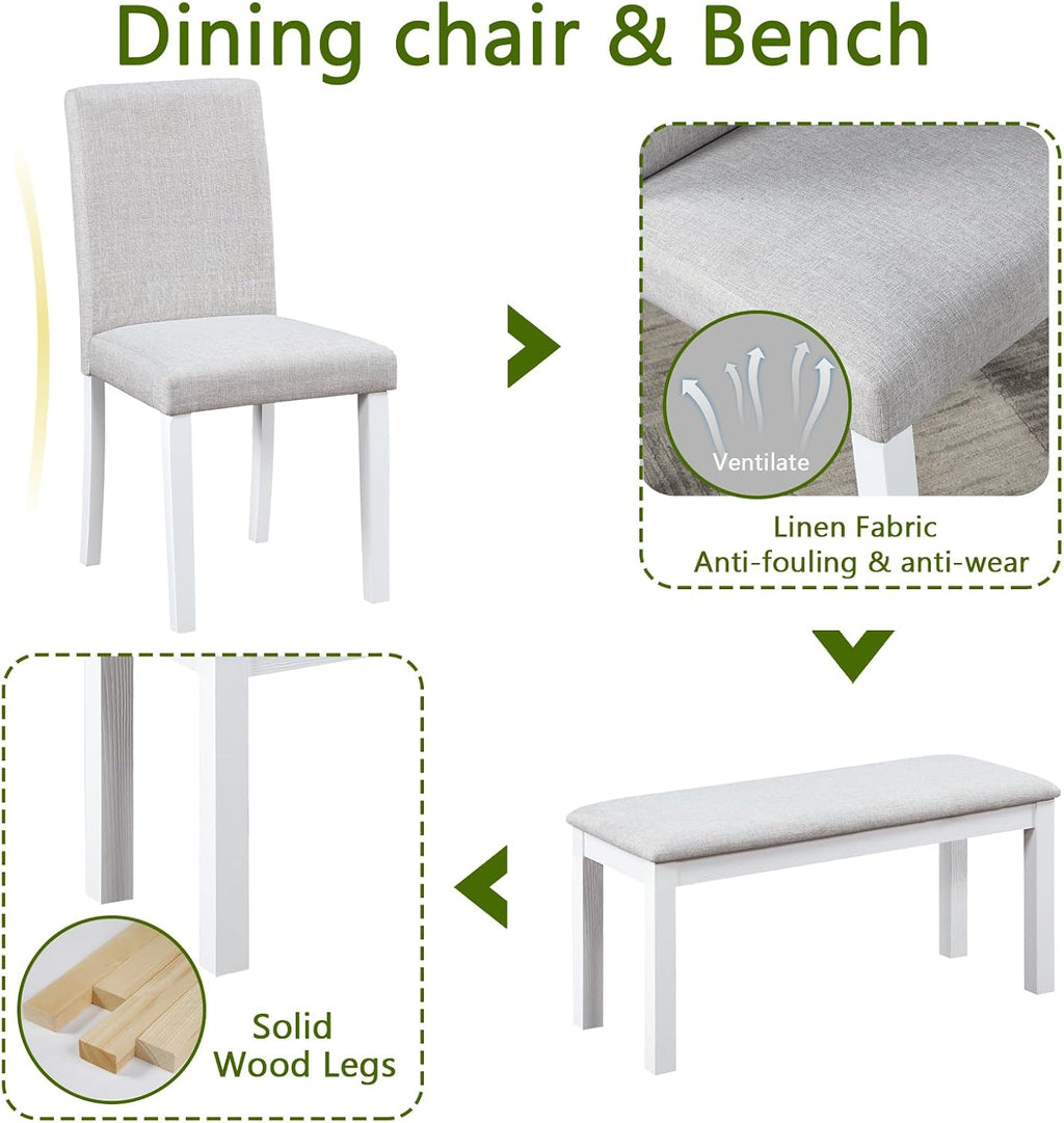 LUMISOL 6-Piece Dining Table Set for 6, Solid Wood Kitchen Table Set with 4 Upholstered Chairs & Bench for Kitchen, Dining Room, Living Room, White