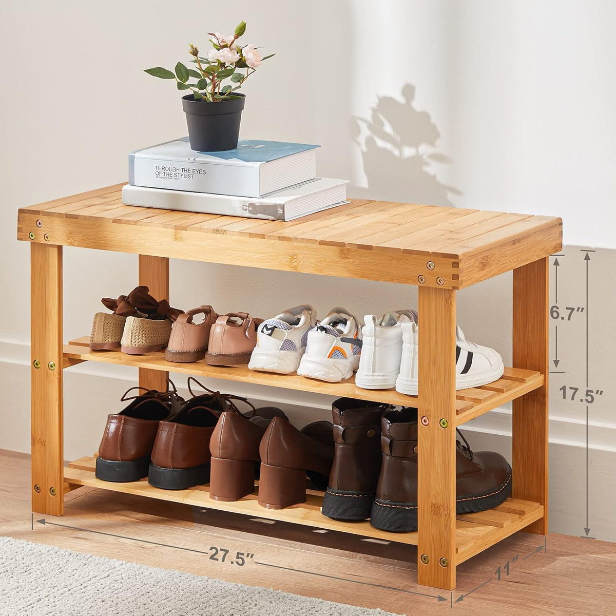 Pipishell 3 Tier Bamboo Shoe Rack Bench for Entryway, Natural