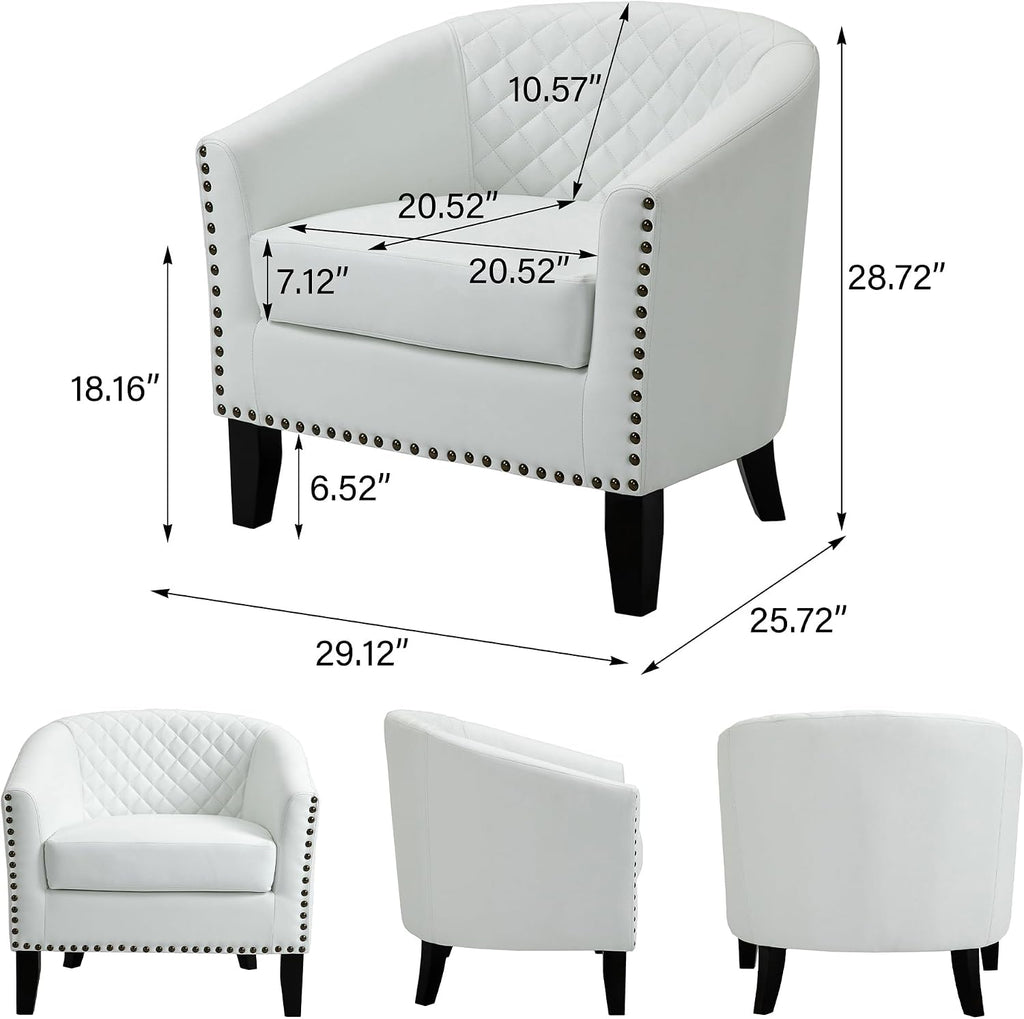 Faux Leather Barrel Accent Chair with Nailhead, White, Set of 4