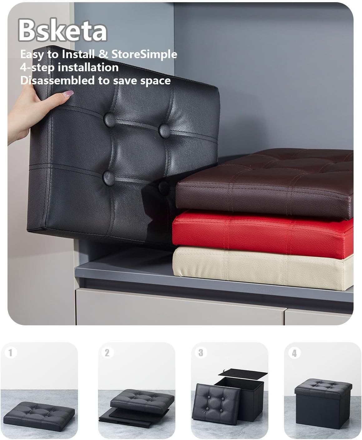 bsketa storage ottoman bench, 17" folding leather foot, side view
