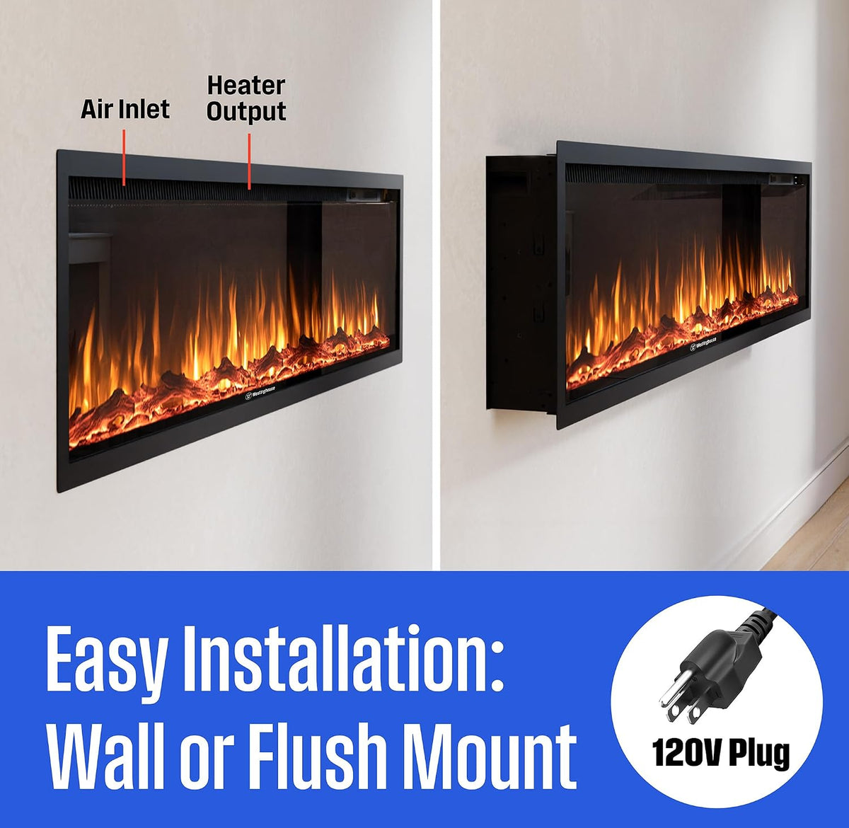 Westinghouse 50 Inch Electric Fireplace Heater, Compatible with Alexa & Google Home, Wall Mount or in-Wall Recessed Fireplace Insert, 24 Hour Timer, Color Changing Flames, 750W/1500W Indoor Heater