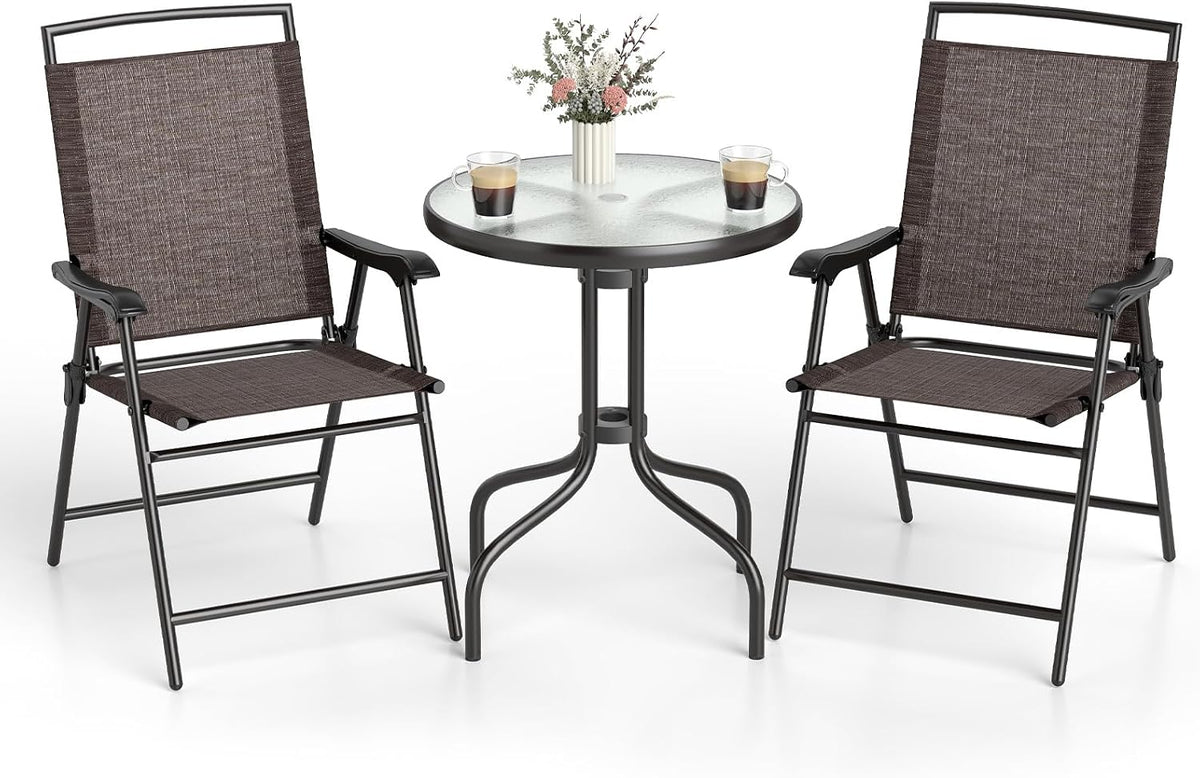 Goplus Bistro Table and Chairs Set of 2, Outdoor 3 Piece Patio Bistro Set with 1.57” Umbrella Hole, Tempered Glass Tabletop, 2 Folding Chairs, Small Patio Furniture Dining Set for Garden, Balcony
