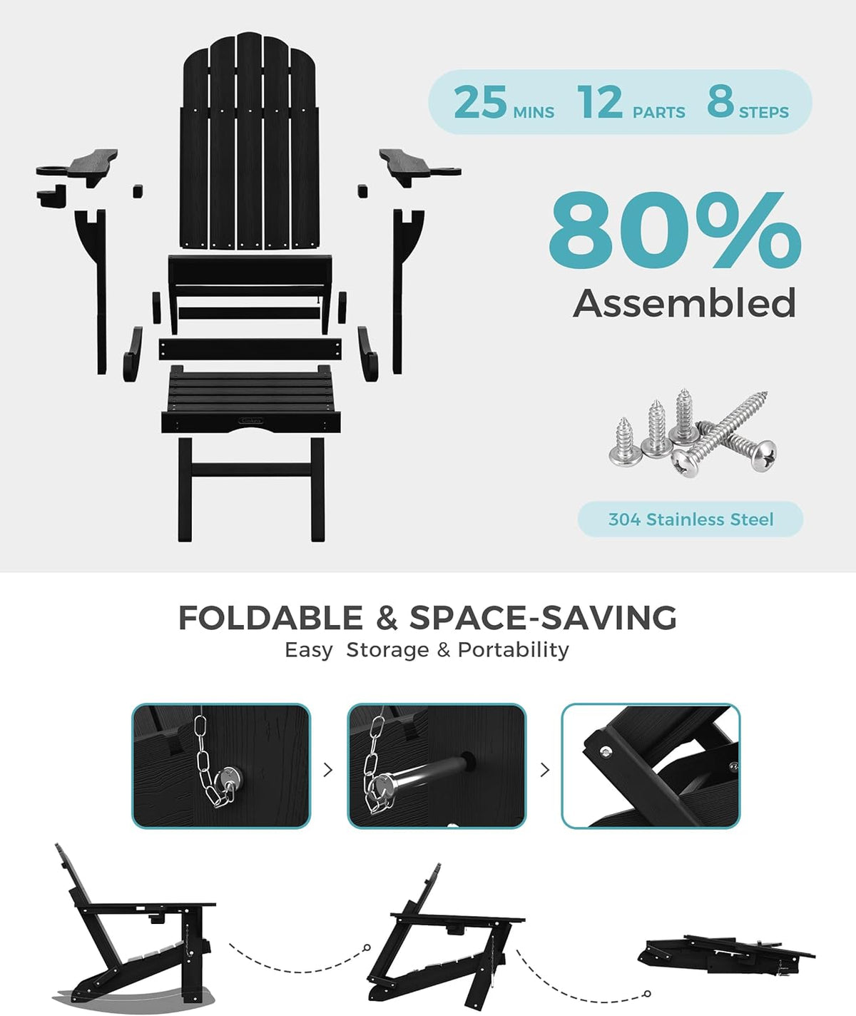 Ciokea Rocking Adirondack Chairs Set of 4 with Retractable Ottoman (Black)