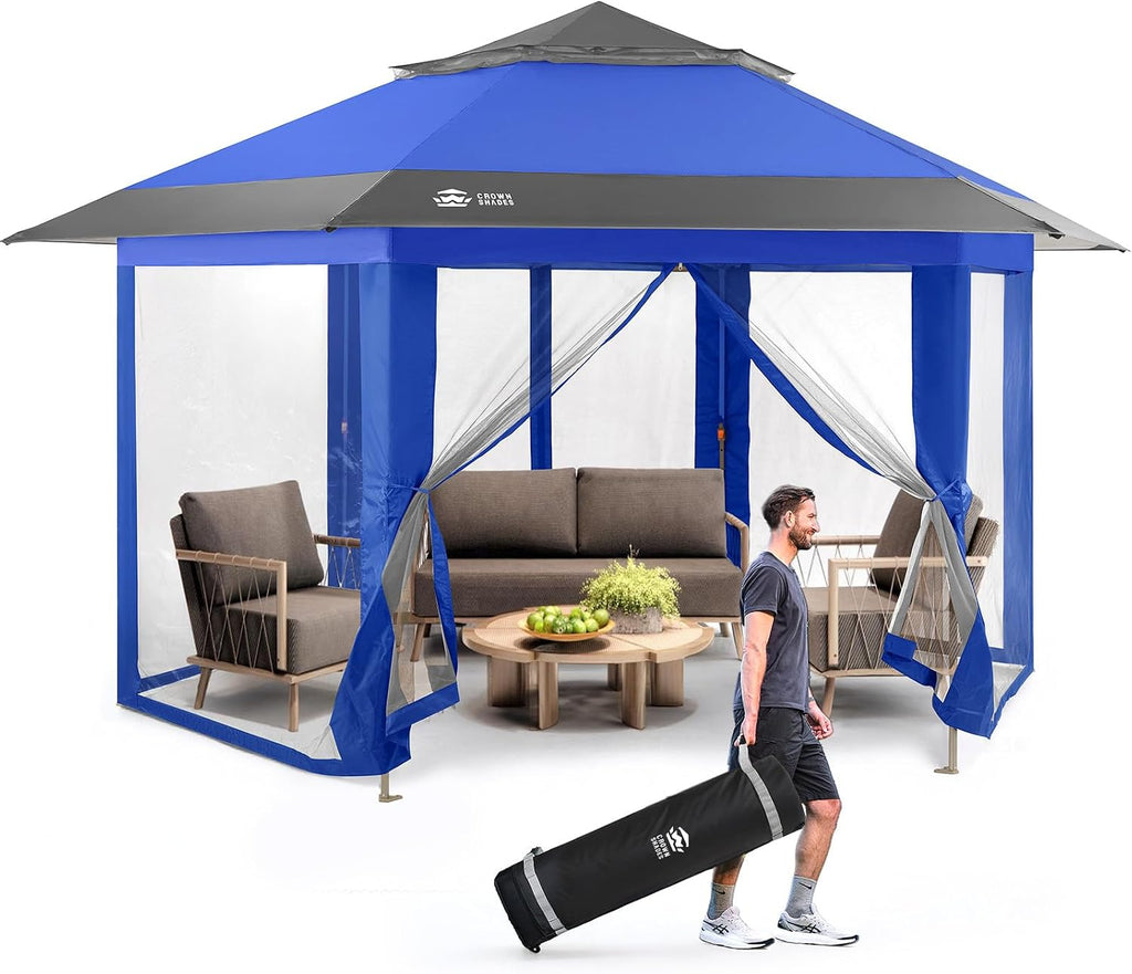 CROWN SHADES 13x13 Pop Up Gazebo with Mosquito Nettings, Blue&Gray