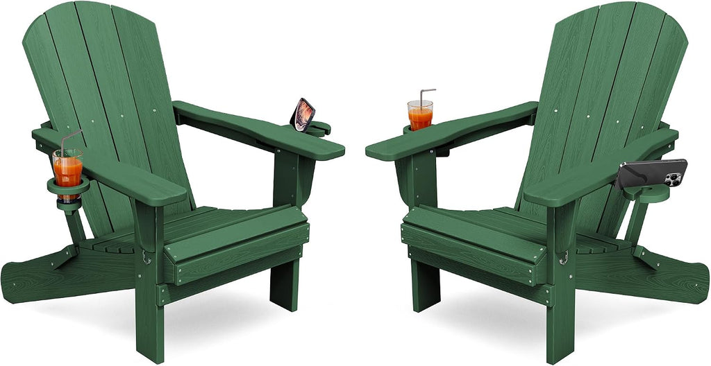 KINGYES Folding Adirondack Chair Set of 2 with 2 Cup Holders, Green