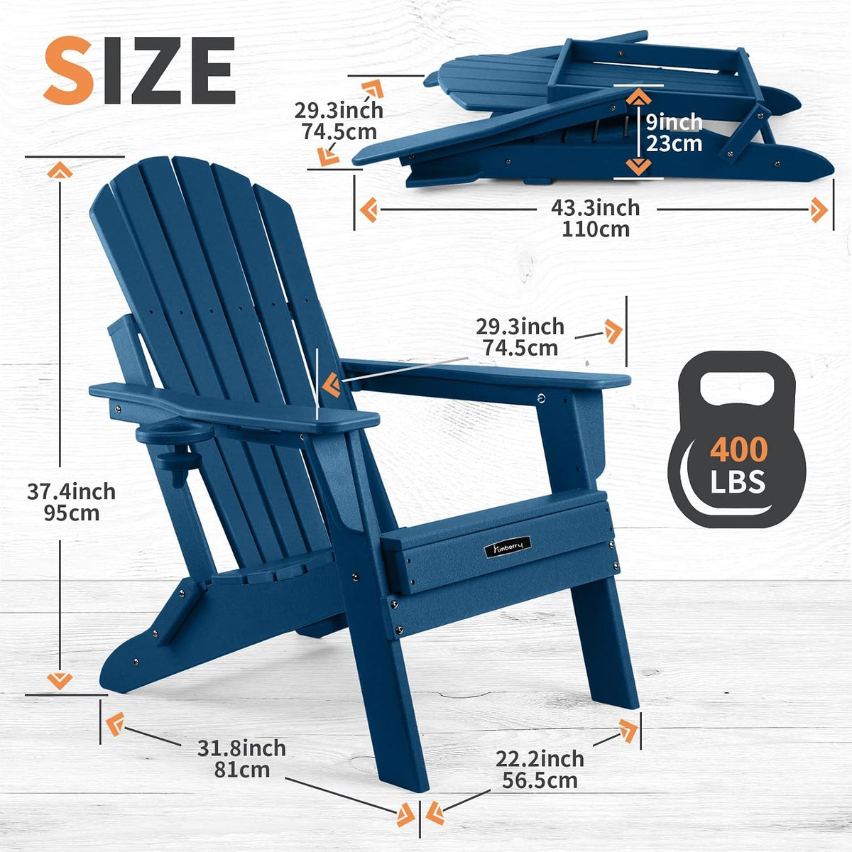 FUNBERRY Oversized Adirondack Folding Chair Set of 2, Fire Pit Chair 400LBS