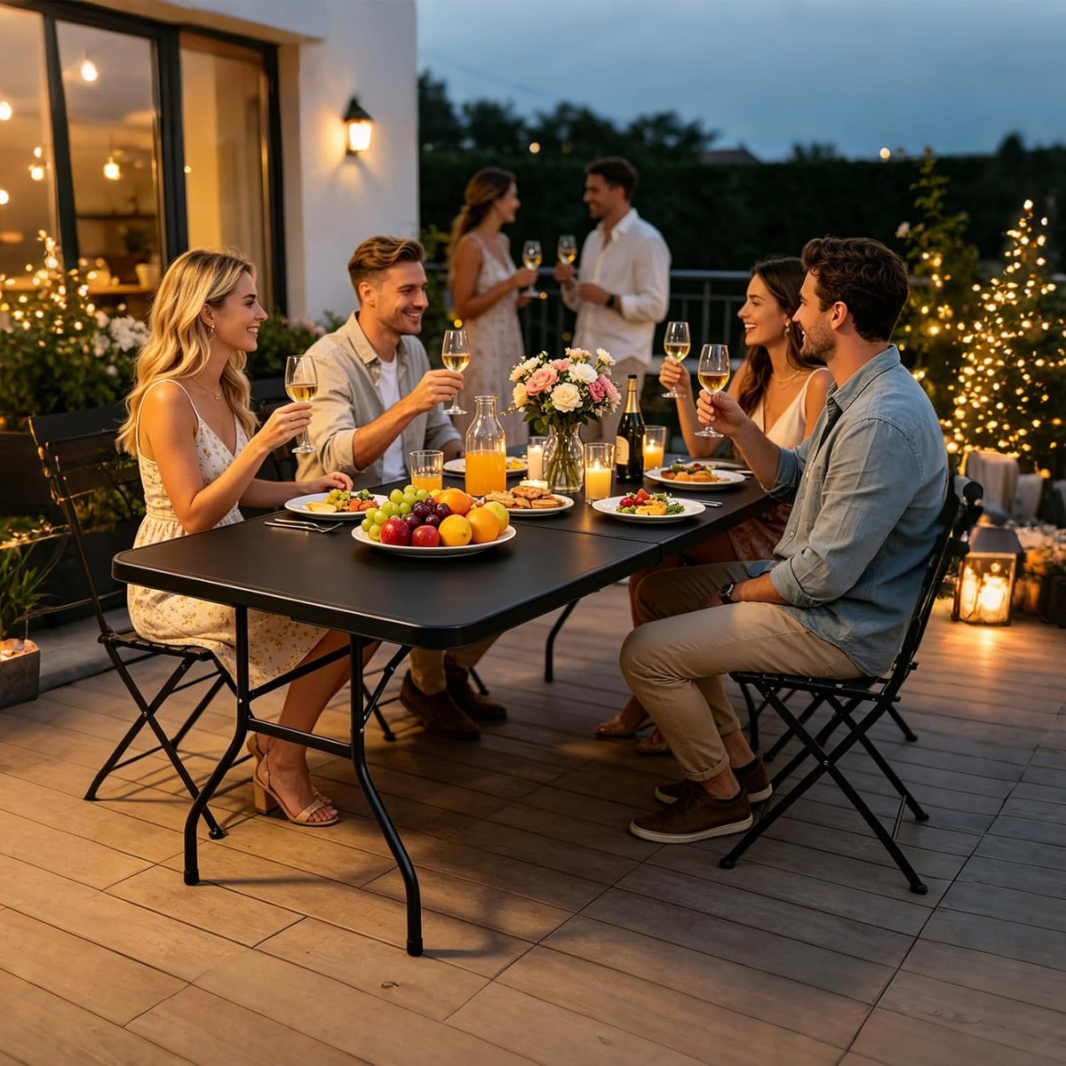 Portable Plastic Folding Table 4ft/6ft/8ft Heavy Duty White-Orange Picnic Dining Table Fold-in-Half for Camp Party Kitchen Indoor Outdoor