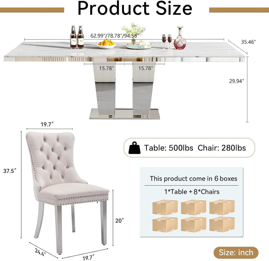 Modern Extendable Dining Table Set for 8, 94" Faux Marble Expandable Table with 8 Beige Velet Chairs & Silver Mirrored Base, 9 Piece Luxury Extendable Dining Room Table Set for Dinner Family Gathering