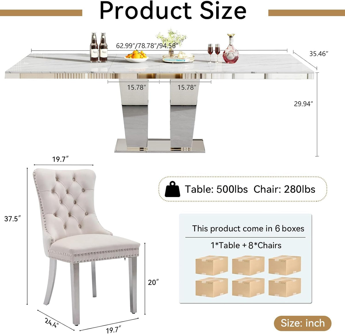 Modern Extendable Dining Table Set for 8, 94" Faux Marble Expandable Table with 8 Beige Velet Chairs & Silver Mirrored Base, 9 Piece Luxury Extendable Dining Room Table Set for Dinner Family Gathering