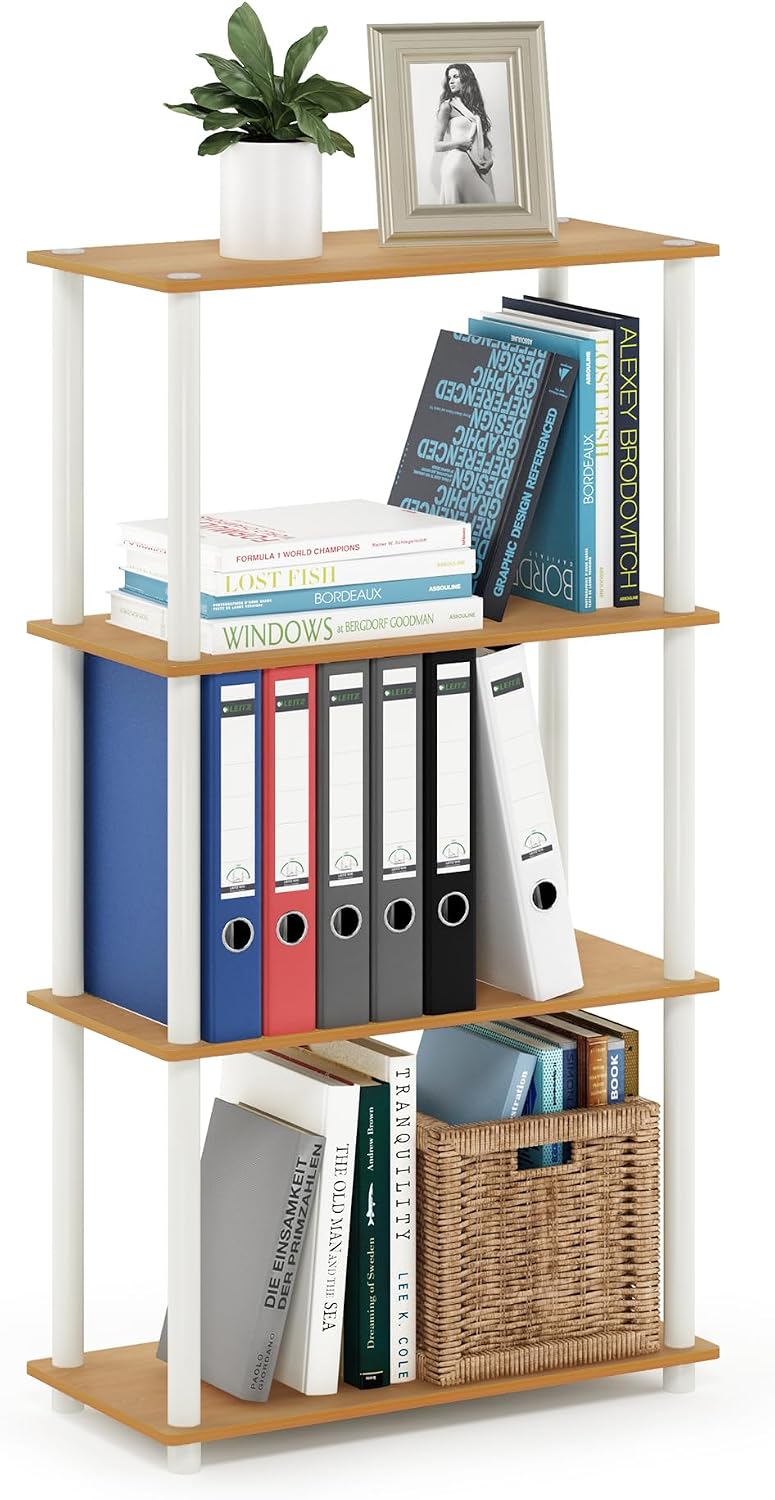 Furinno Turn-N-Tube Storage Shelves, 4-Tier Book Shelf, Corner Shelf, Toolless Open Shelves, for Organization and Storage, Living Room, Bedroom, Entryway, Laundry, Light Beech