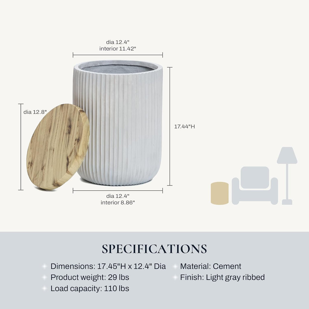 LuxenHome 18" Cement Outdoor Side Table with Storage and Wood-Look Lid