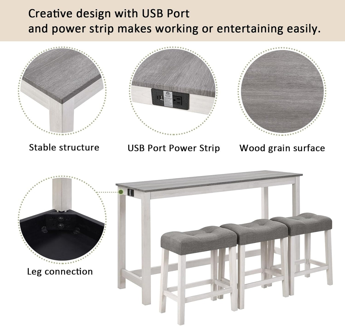 Merax 59 inch Bar Table Set with Power Outlet USB/Type-C, Behind Couch Table with 3 Padded Stools for Kitchen, Living Room, White & Grey