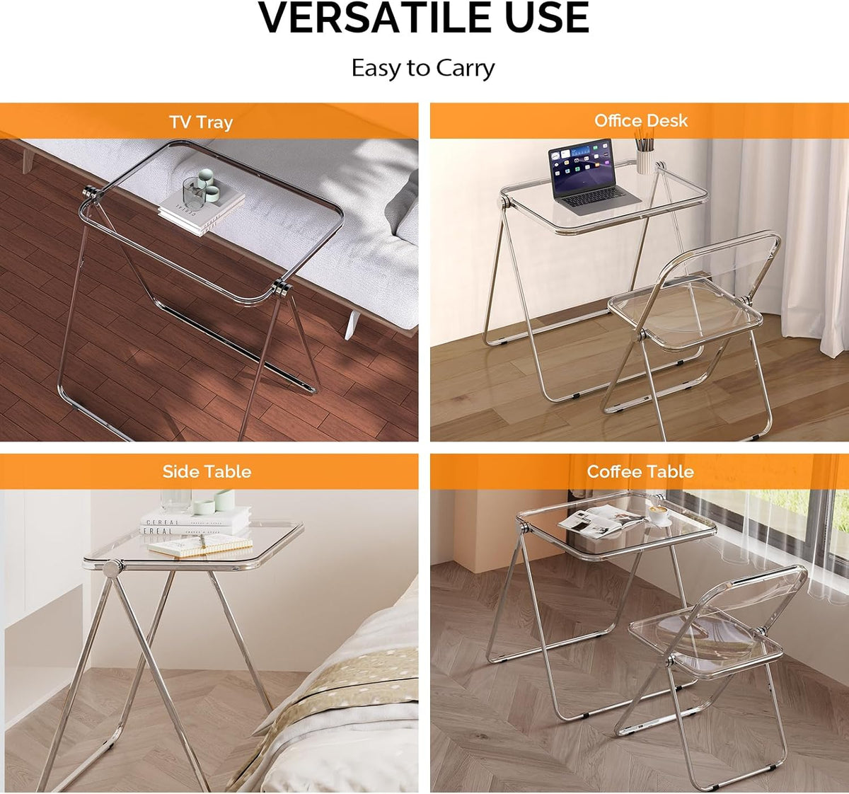 VINGLI Folding Acrylic Table Small TV Tray for Snack Dinner on Couch, Tiny Foldable Desk Writing Desk for Home Office for Small Spaces