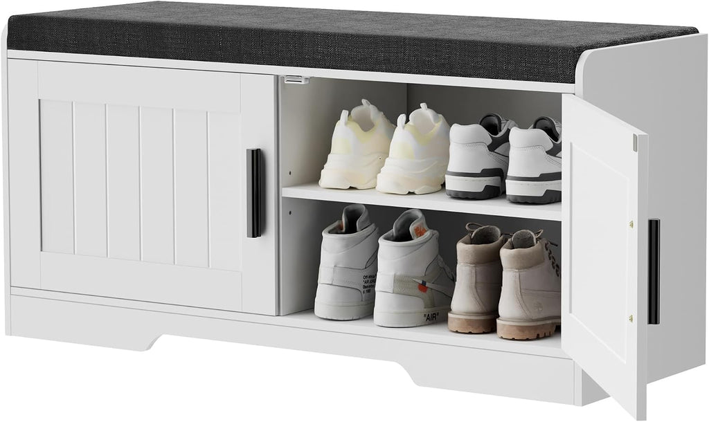 Homleke Shoe Storage Bench, 2 Doors & Thickened Padded Seat Cushion