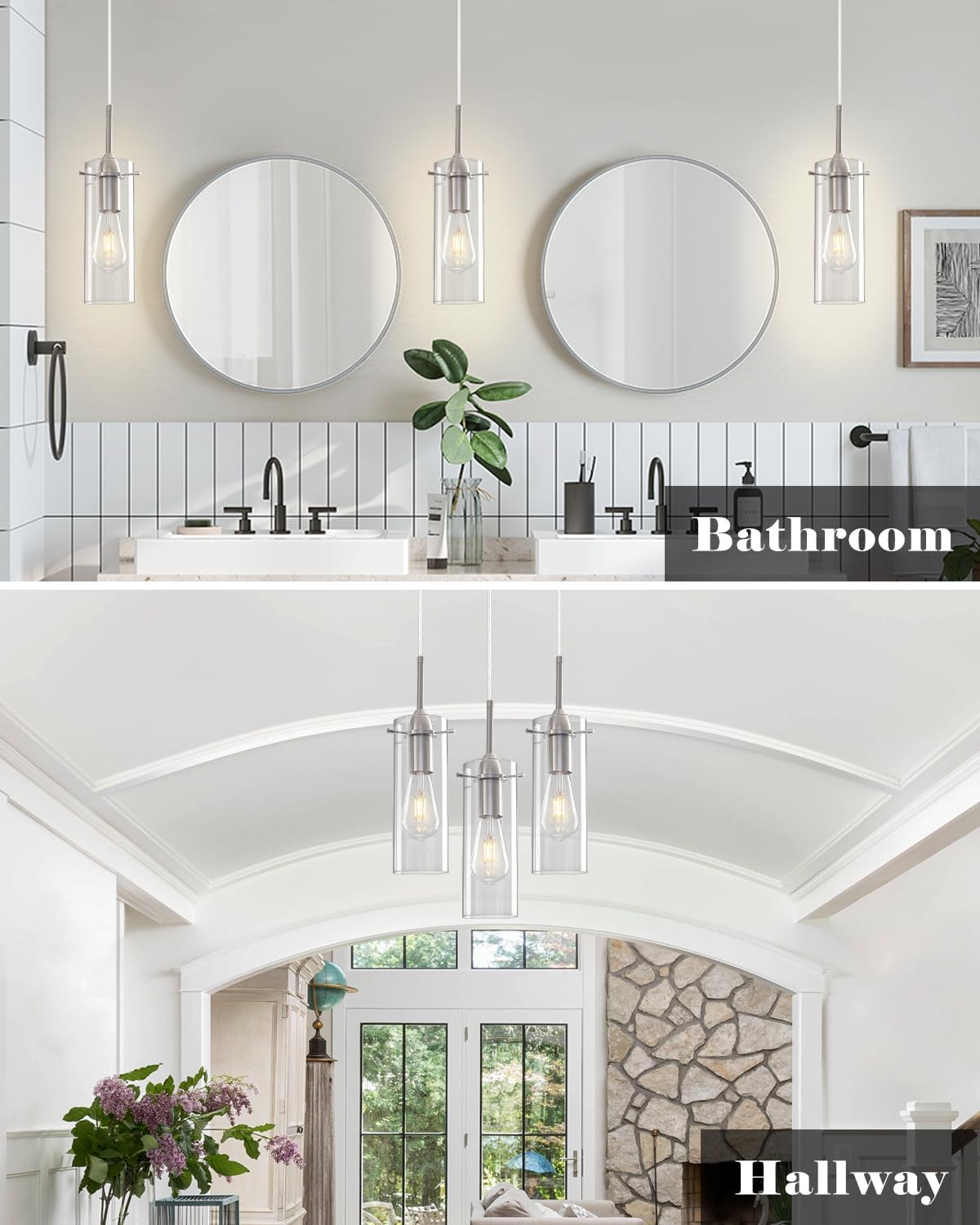 Glass Pendant Lights Kitchen Island 2 Packs, Brushed Nickel Pendant Light, Modern Clear Glass Pendant Light Fixture, Hanging Pendant Lights for Kitchen Island Dining Room Hallway
