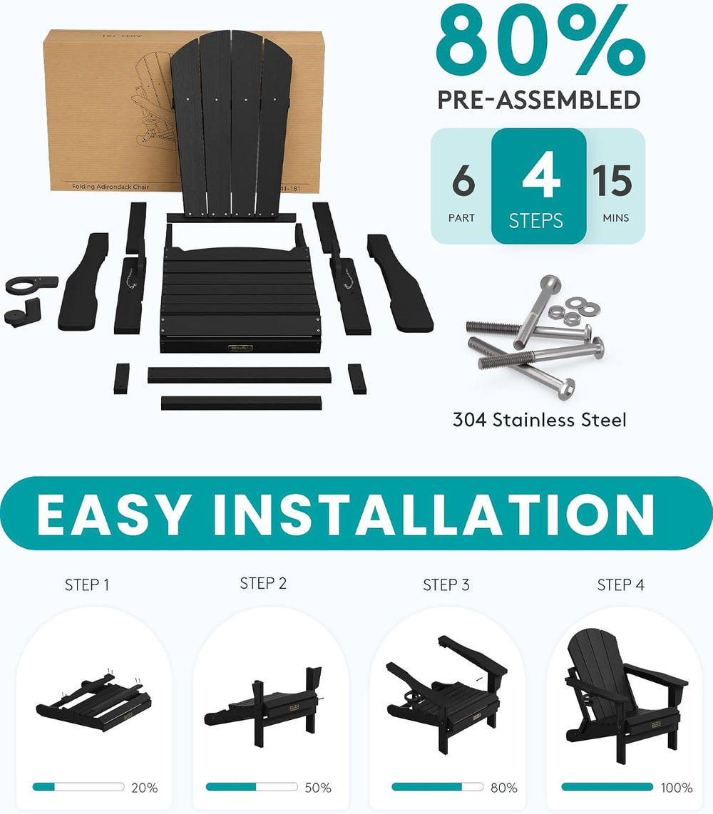 SERWALL Folding Adirondack Chairs with Cup Holder, Outdoor Fire Pit - Black