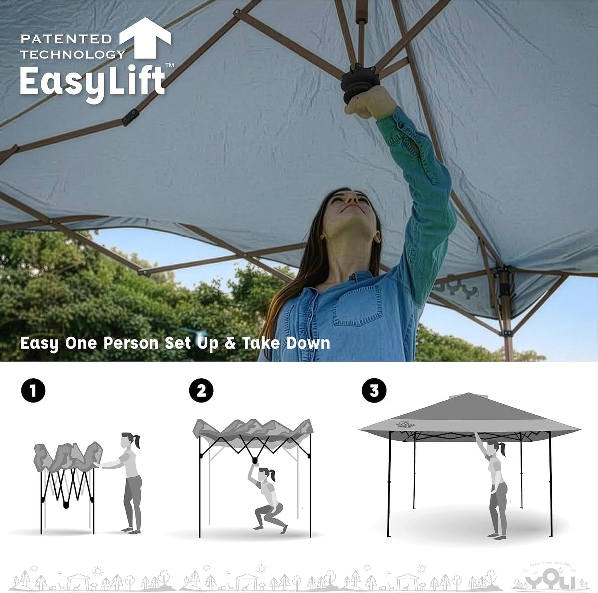 YOLI Forum EasyLift 169 Instant Pop Up Canopy, 13x13 Top on 10x10 Base, Aluminum Backed Vented Shelter, Patio and Hot Tub Cover - Blue & Beige