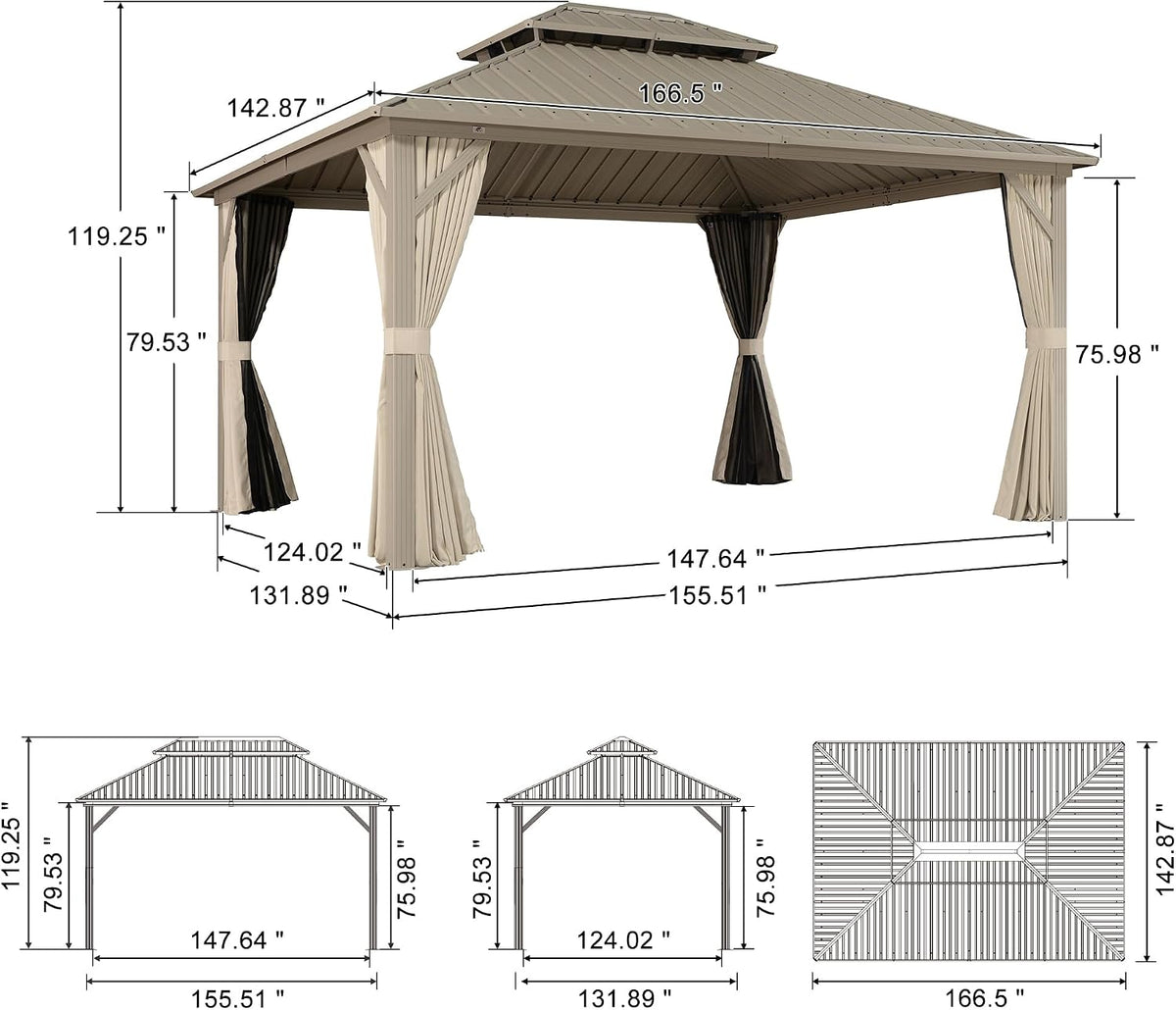 PURPLE LEAF Outdoor Hardtop Gazebo 12' x 14' Champagne Aluminum Structure