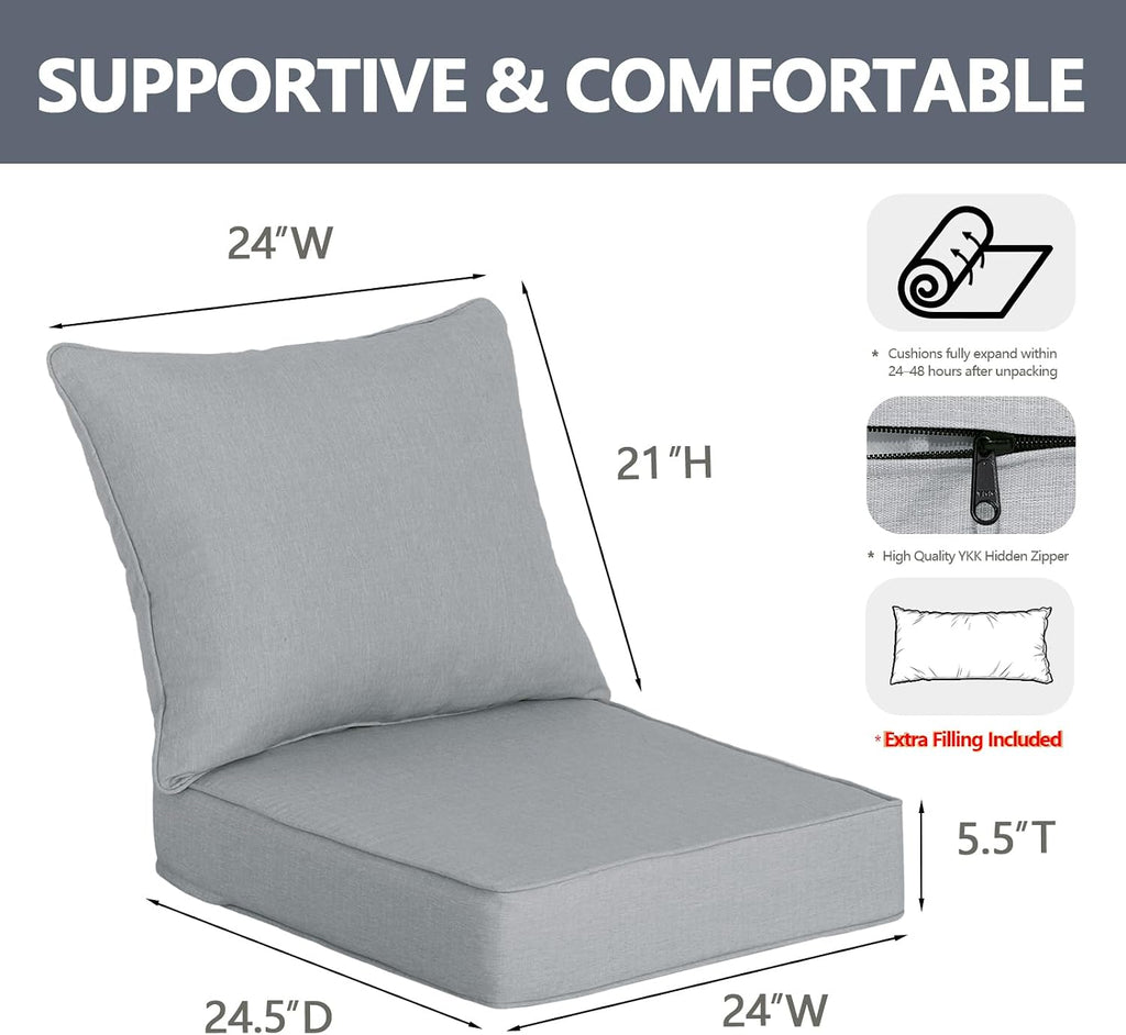 Goodgoods 24x24 Outdoor Deep Seat Cushions 2-Pack, 30D Foam, Stone Gray
