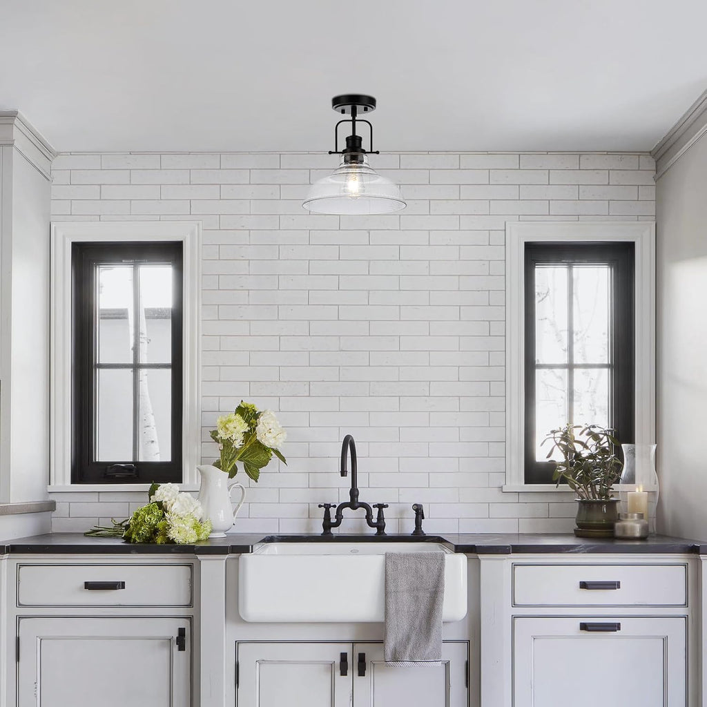 WILON Black Semi Flush Mount Ceiling Lights, Kitchen Lighting Fixtures with Seeded Glass Shade, Farmhouse Ceiling Lights for Kitchen Hallway Entryway Foyer Laundry Room