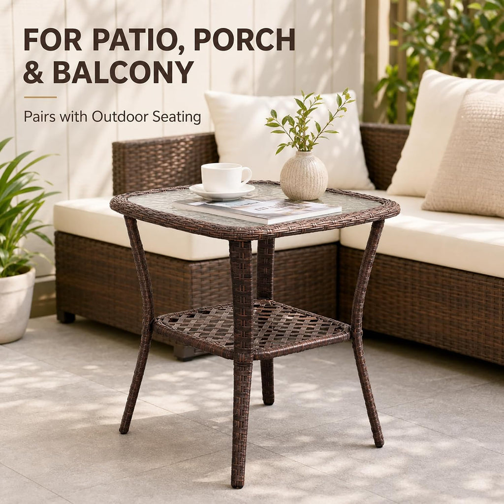 DIMAR GARDEN Outdoor Side Table Wicker Patio Coffee Table with Glass Top and Storage Shelf, Mixed Brown