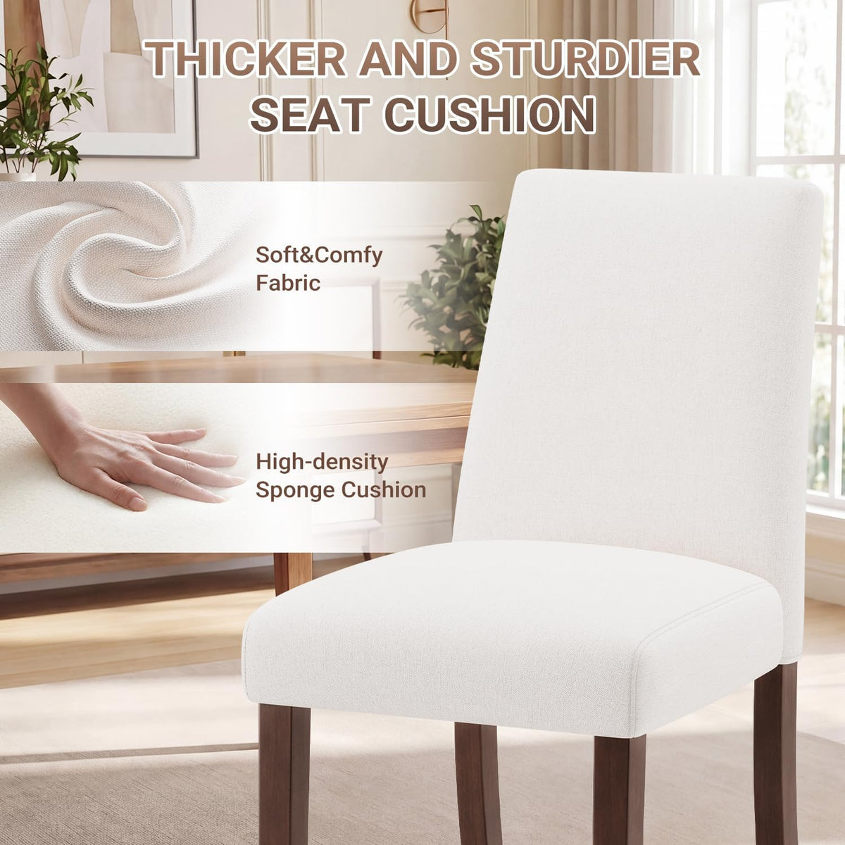 MALOL Modern Dining Chairs Set of 4, Upholstered Kitchen Chairs with High Back, Padded Fabric Dining Room Chair with Solid Wood Legs for Restaurant/Cafe/Home, Light Beige