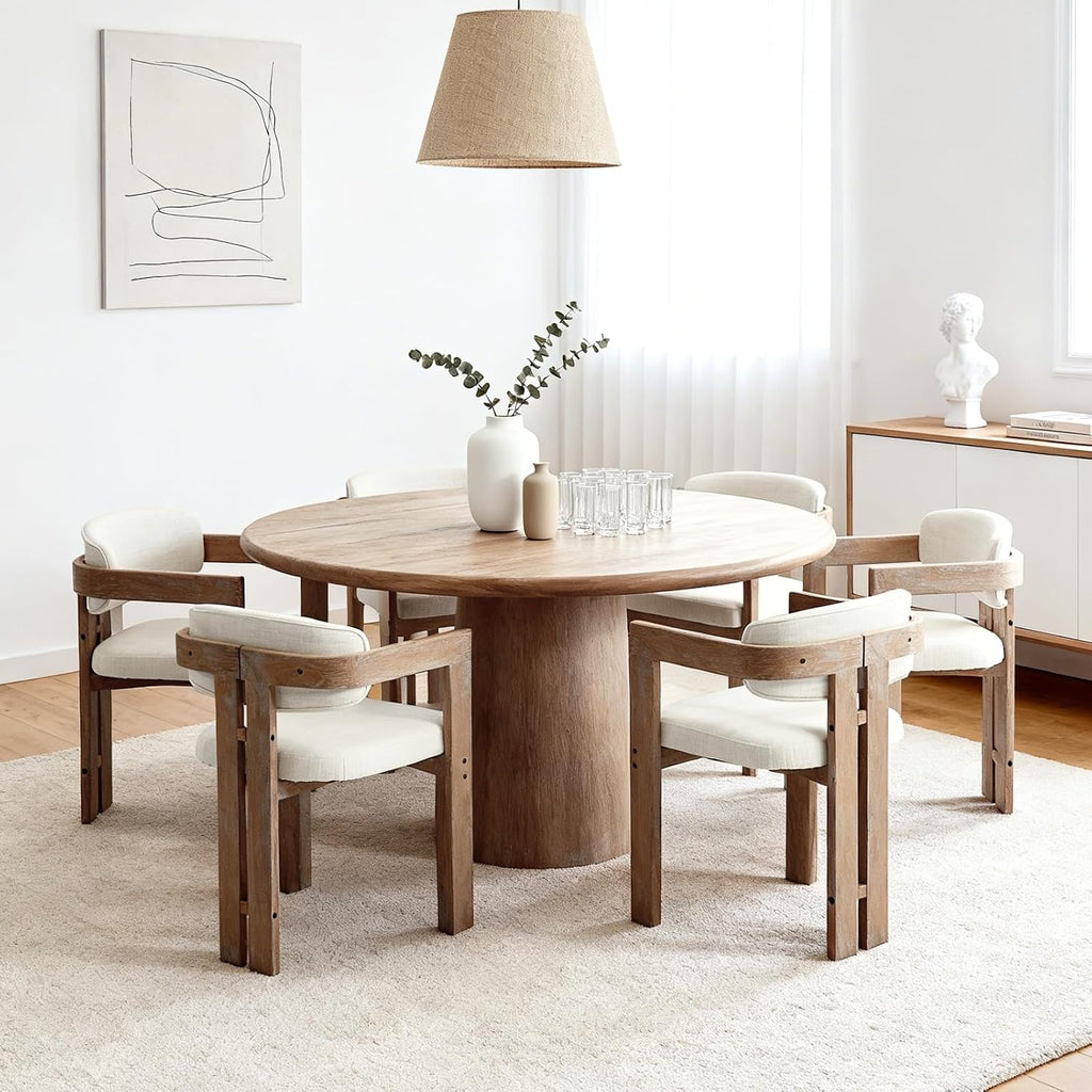 chairus Modern Barrel Dining Chairs Set of 6, Linen Upholstered Barrel Dining Room Chairs with Arm & Curved Back, Farmhouse Natural Wood Side Kitchen Chairs for Restaurant, Beige Fabric