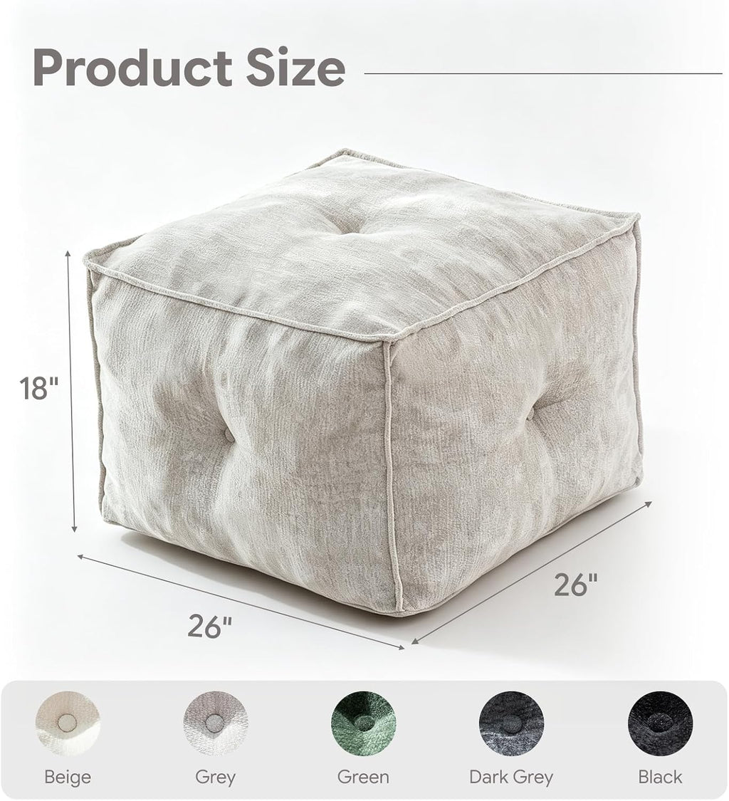 Pouf Ottoman and Foot Rest - Elevate Your Living Room Decor with Lightweight Comfort and Charm - 26 Inches Square Modern Foam Filled Foot Stool Perfect to Rest Your Feet (Grey)