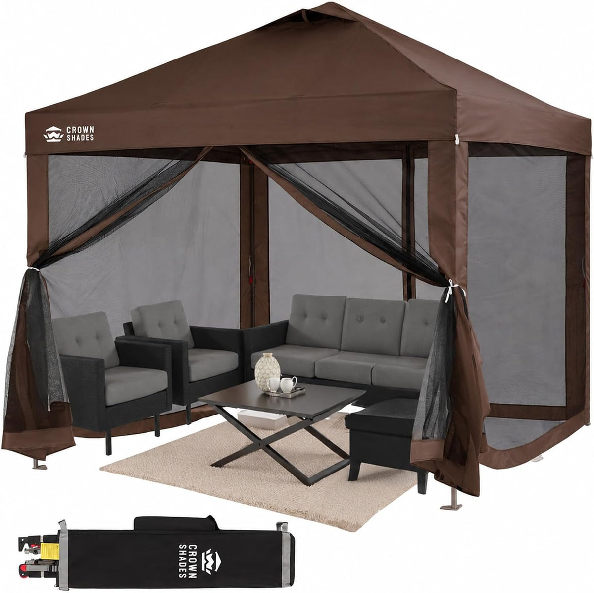 CROWN SHADES Gazebo 10x10 Pop Up Canopy with Mosquito Netting, Coffee