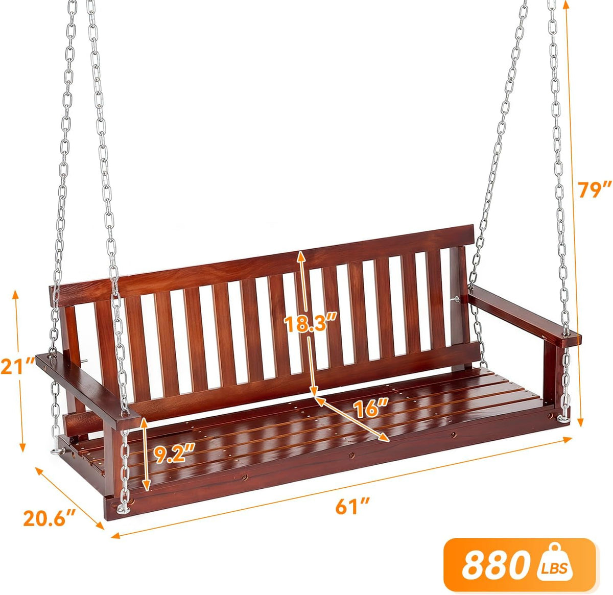 FDW 880 LBS Outdoor Wooden Porch Swing Wooden 3-Seater, 5FT with Ergonomic Design, Water-Resistant Heavy-Duty for Courtyard Garden Backyard, Brown