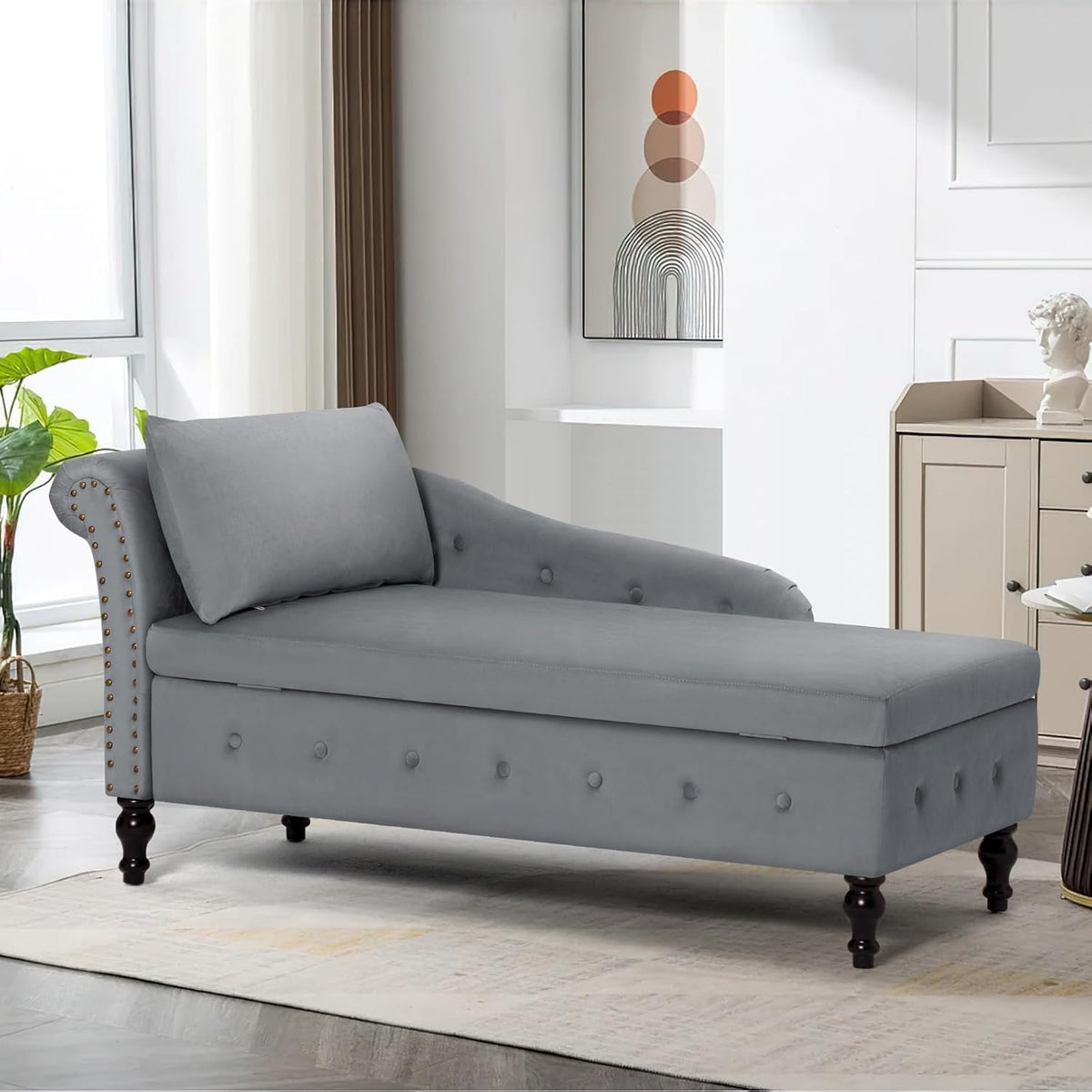 Velvet Chaise Lounge w/Left Armrest & Storage Space, Grey