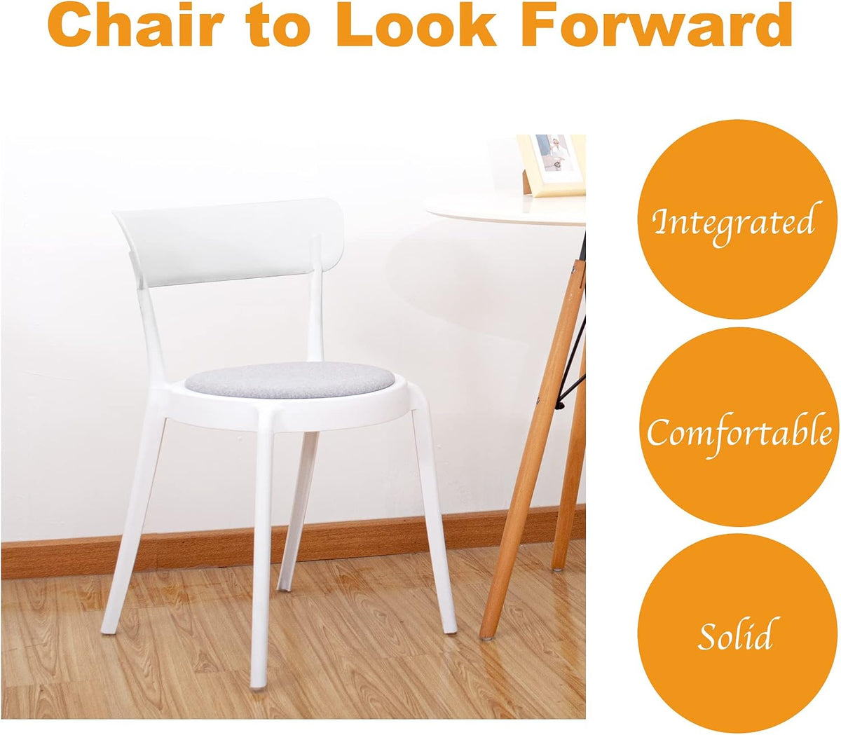 CangLong Armless Bistro Dining Chair-Set of 2, Premium Plastic with Upholstered Seat, White + Grey