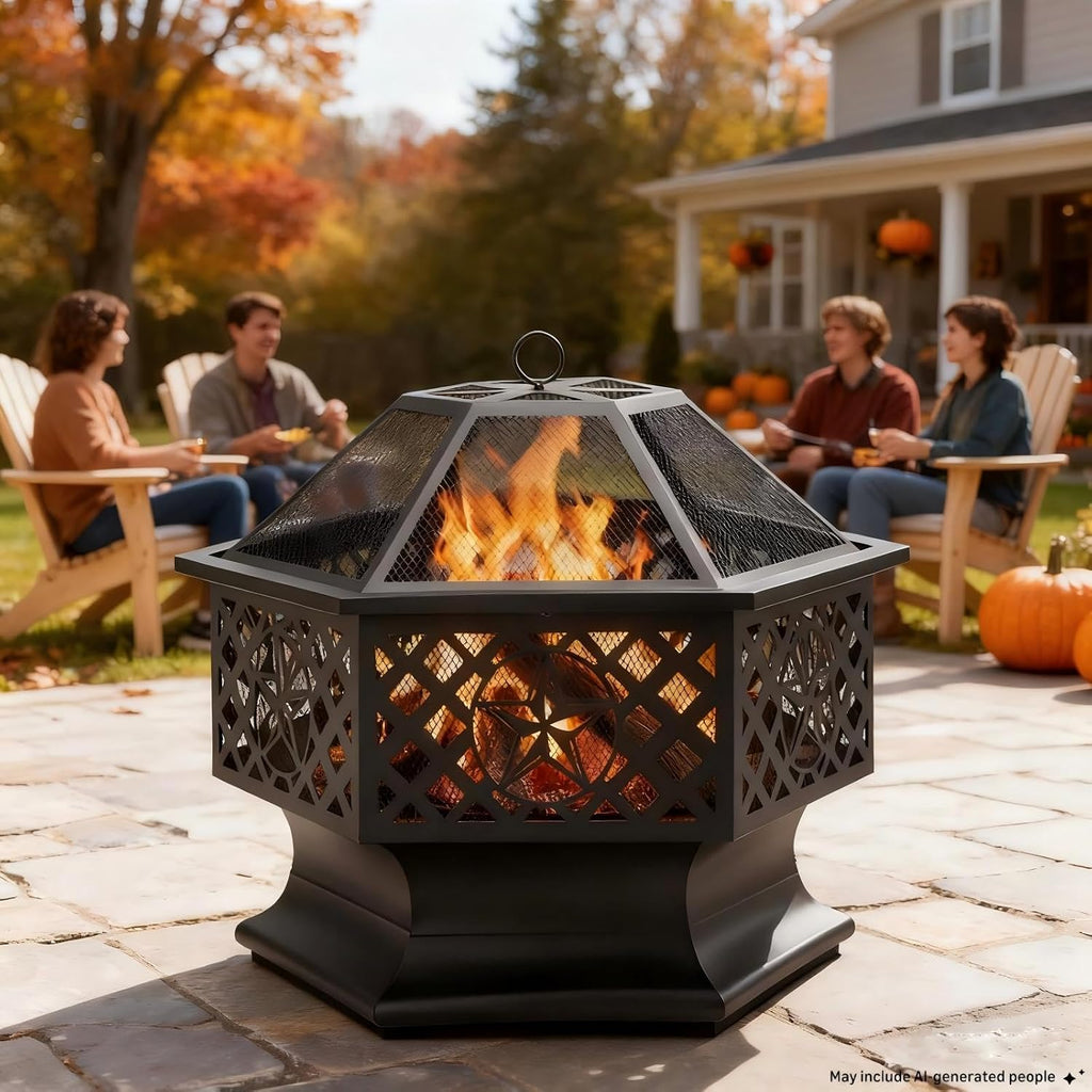 Panovue 28 Inch Hexagonal Fire Pit with Spark Screen&Fire Poker Black
