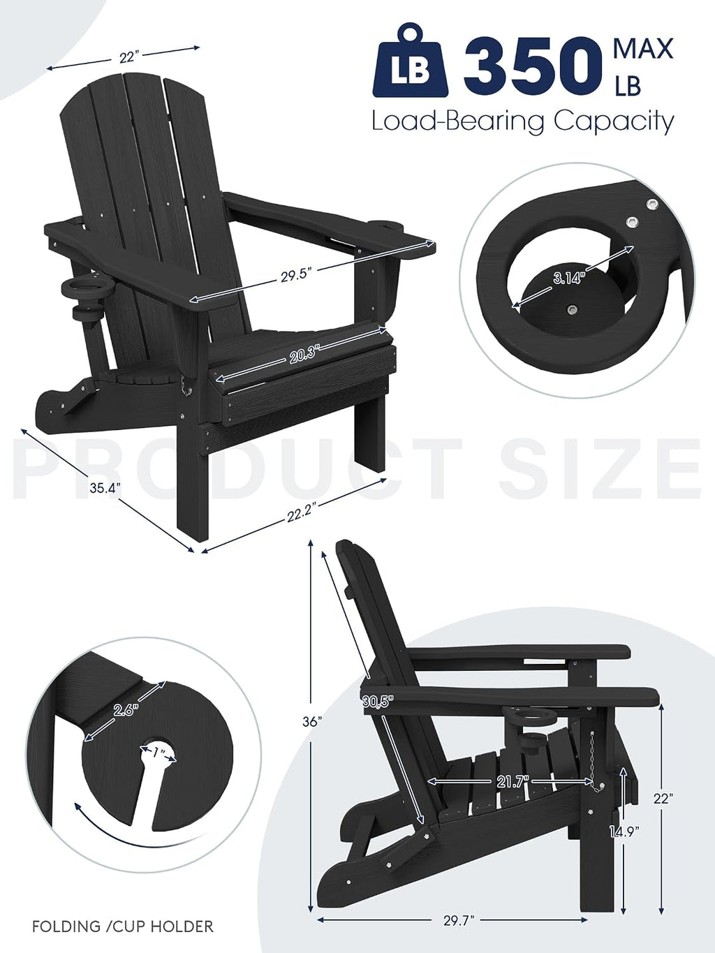 KINGYES Folding Adirondack Chair Set of 2 with 2 Cup Holders, Black