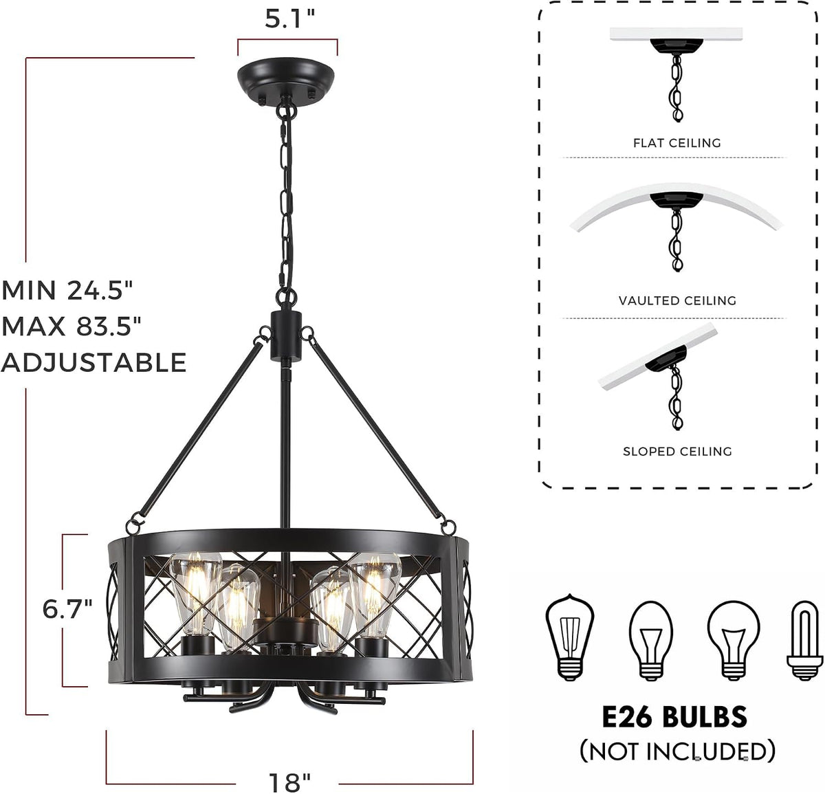 black farmhouse chandelier for dining room, 18" rustic, package contents