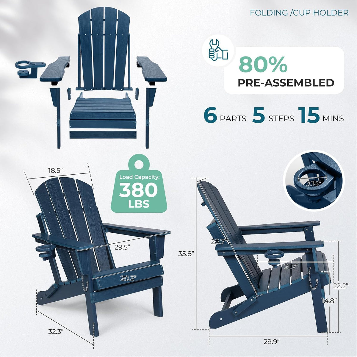 hdpe adirondack chair, folding outdoor patio chair with, close-up detail