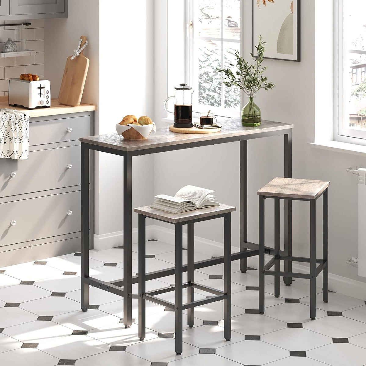 HOOBRO Bar Table and Chairs Set, 47.2” Rectangular Pub Table with 2 Stools for Small Space, 3-Piece Breakfast Set, Sturdy Metal Frame, Easy to Assemble, Greige BG52BT01