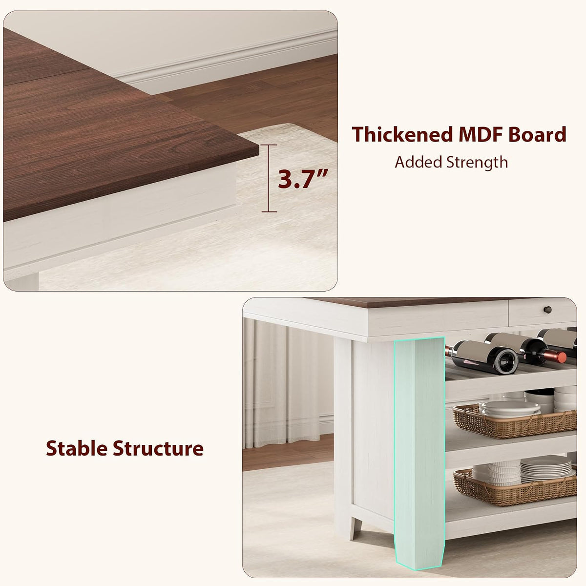 GAOMON 60" Counter Height Dining Table for 4-6, Farmhouse Rectangular Bar Height Kitchen Table & Thick Table Top, with Deepened Wine Rack & Shelves for Kitchen, Bar, Retro White & Brown