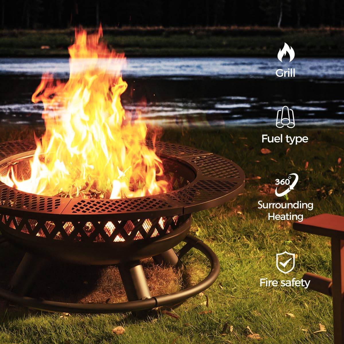 Panovue 42 Inch Outdoor Fire Pit with Grill Wood Burning 3-in-1 Firepit