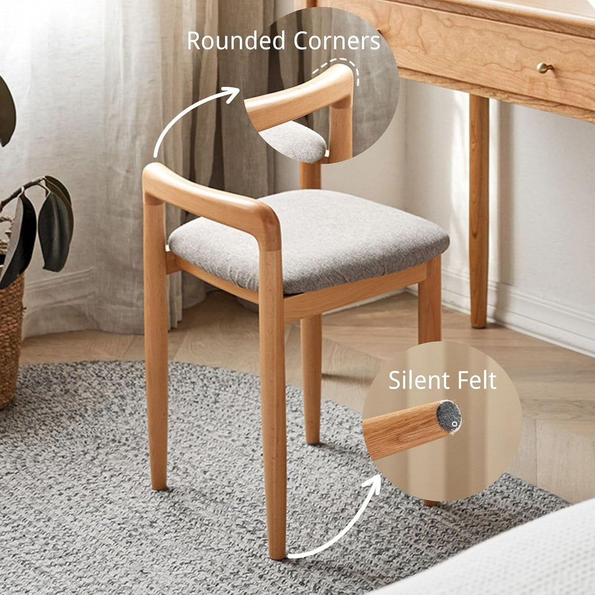 Vanity Stool-Natural Beech Wood Vanity Chair, Wooden Chair for Vanity with Upholstered Cushions for Living Room, Bedroom