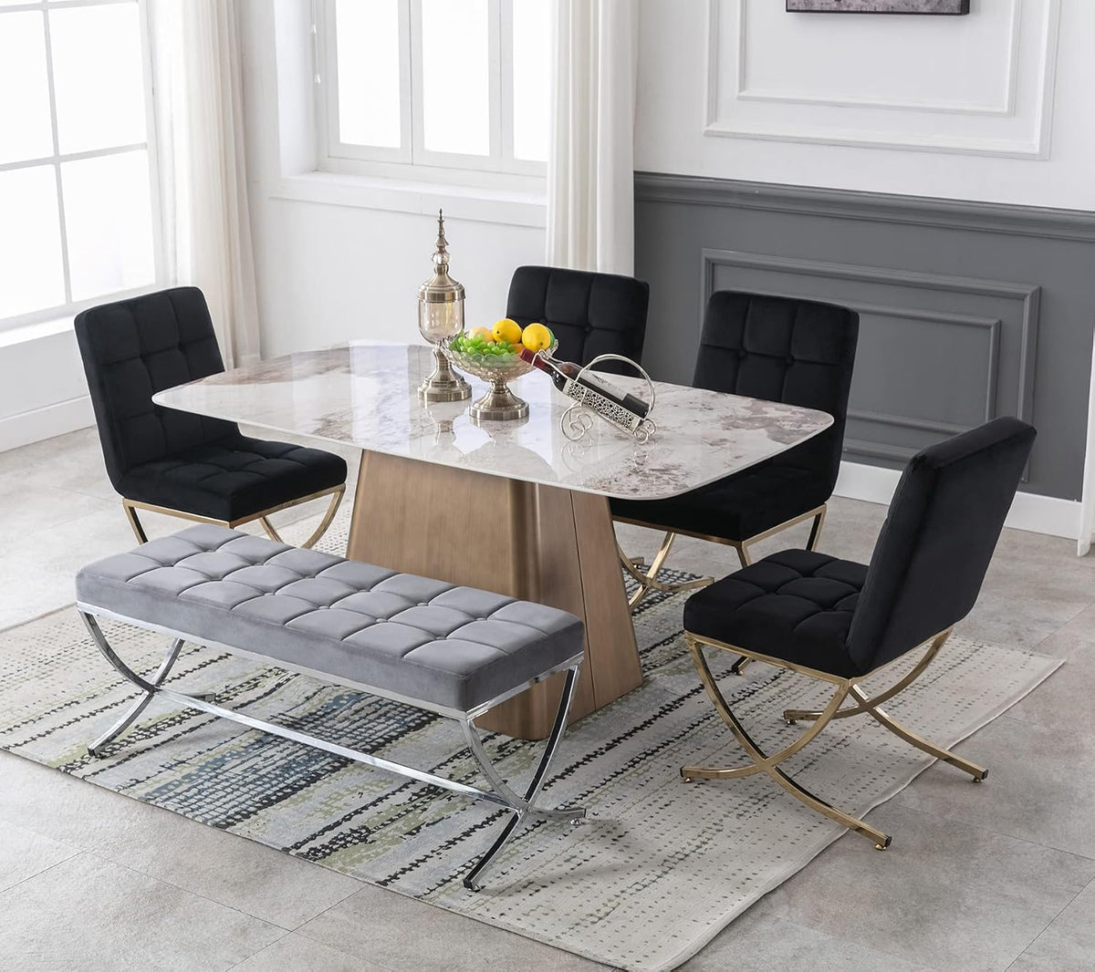 DUOMAY Modern Tufted Ottoman Bench, Velvet Upholstered Dining Bench, Button Tufted Footrest Stool Vanity Seat with with X Metal Legs, 45.75" W x 16.5" D x 19.25" H, Grey