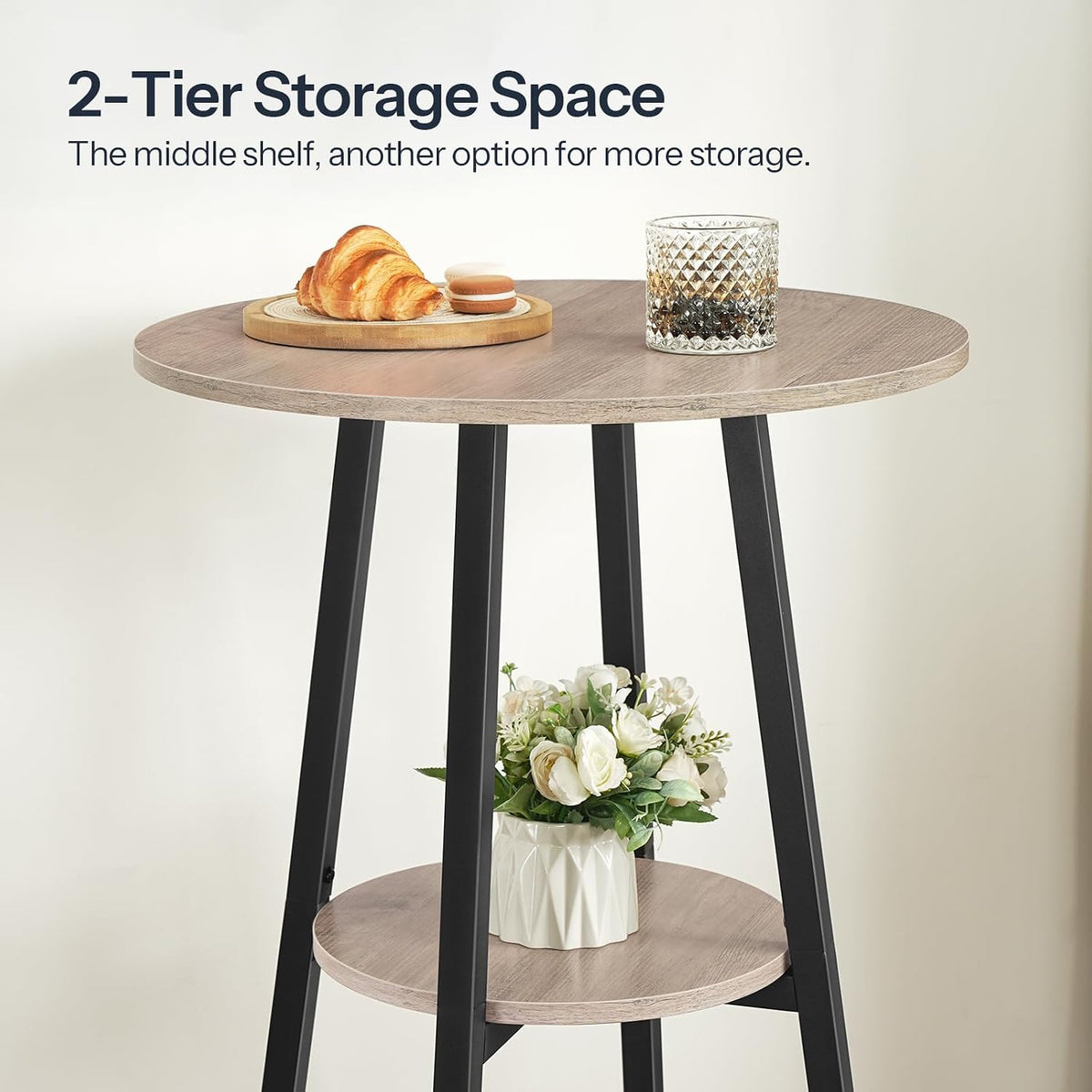 HOOBRO Bar Table, Round Pub Table, 2-Tier Bistro Table with Storage, for Small Spaces, with Top Particleboard for Kitchen, Easy to Assemble, Greige BG55BT01