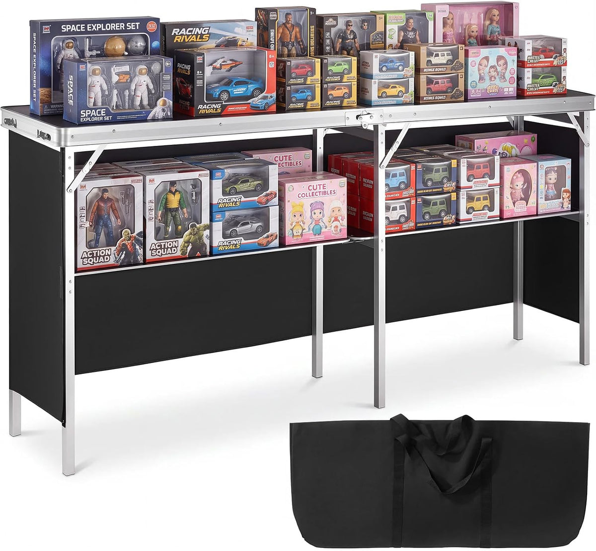 VEVOR Extra Long Folding Portable Bar Tradeshow Podium Table for Indoor, Outdoor, Party, Picnic, Exhibition, Includes Carrying Case, Storage Shelf and Black Skirt, 77.95" x 15.16" x 34.65"