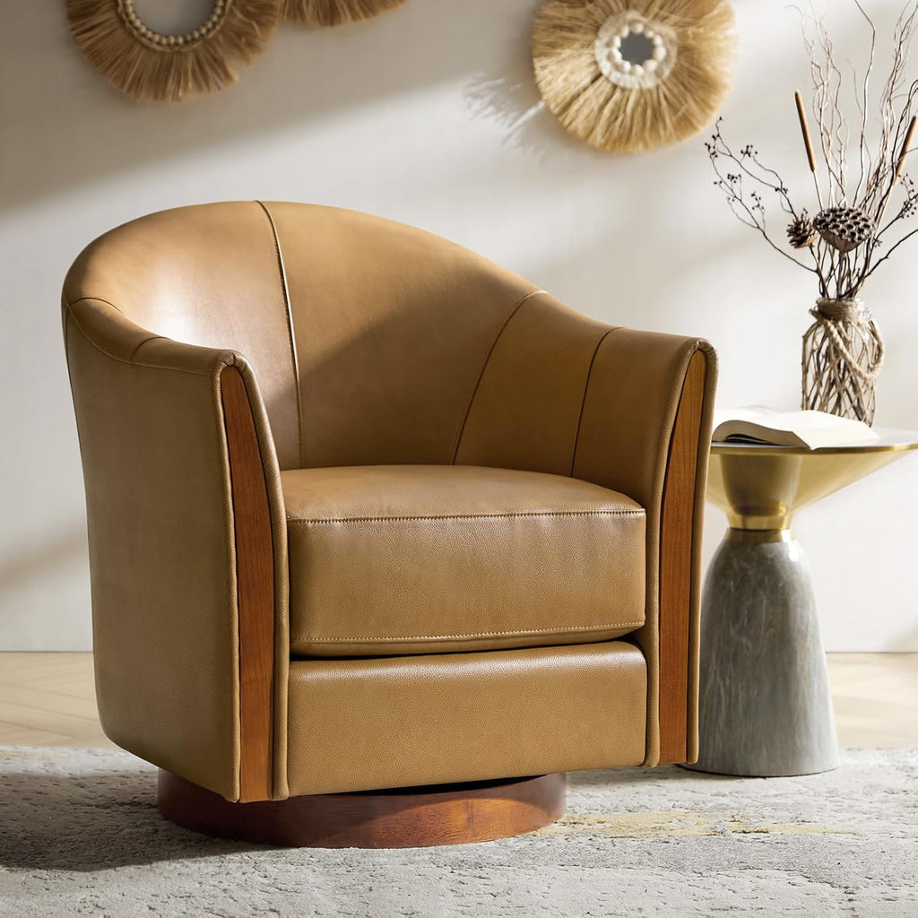 HULALA HOME Leather Swivel Accent Chairs with Wood Base Set of 2, Camel