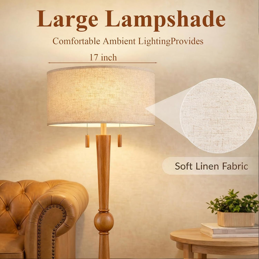 MOFFE Solid Wood Floor Lamp for Living Room with Wooden Pull Chains