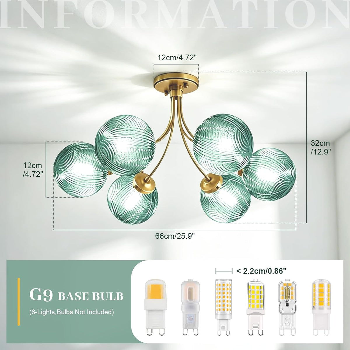 mid century sputnik chandelier 6-light green ceiling light, side view