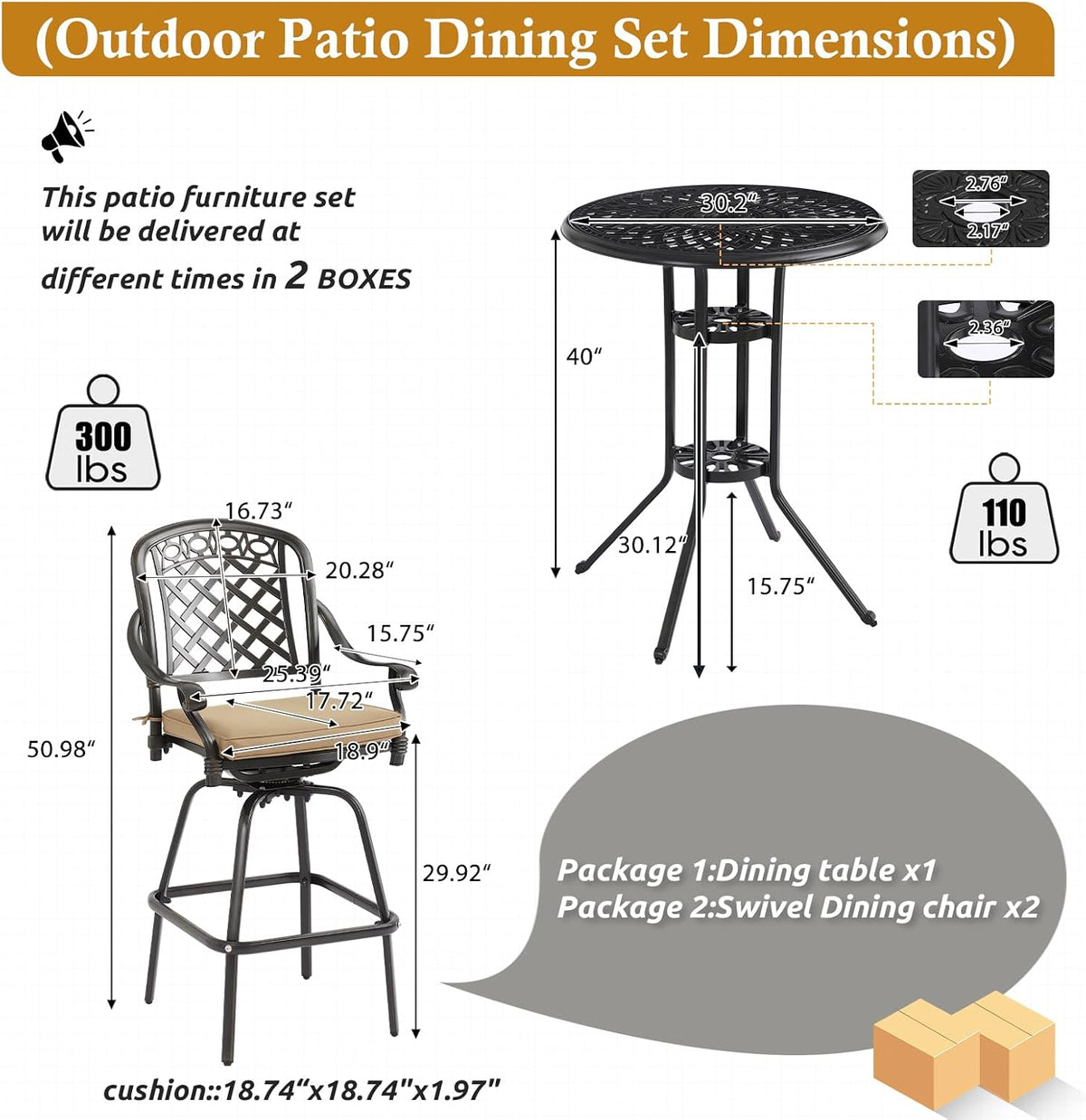 3-Piece Cast Aluminum Patio Bar Set, Outdoor Round High Top Table & 2 Swivel Bar Chairs with Cushions, All-Weather Bistro Table and Chairs Set for Patio, Lawn & Garden (1 Table +2 Swivel Chairs)