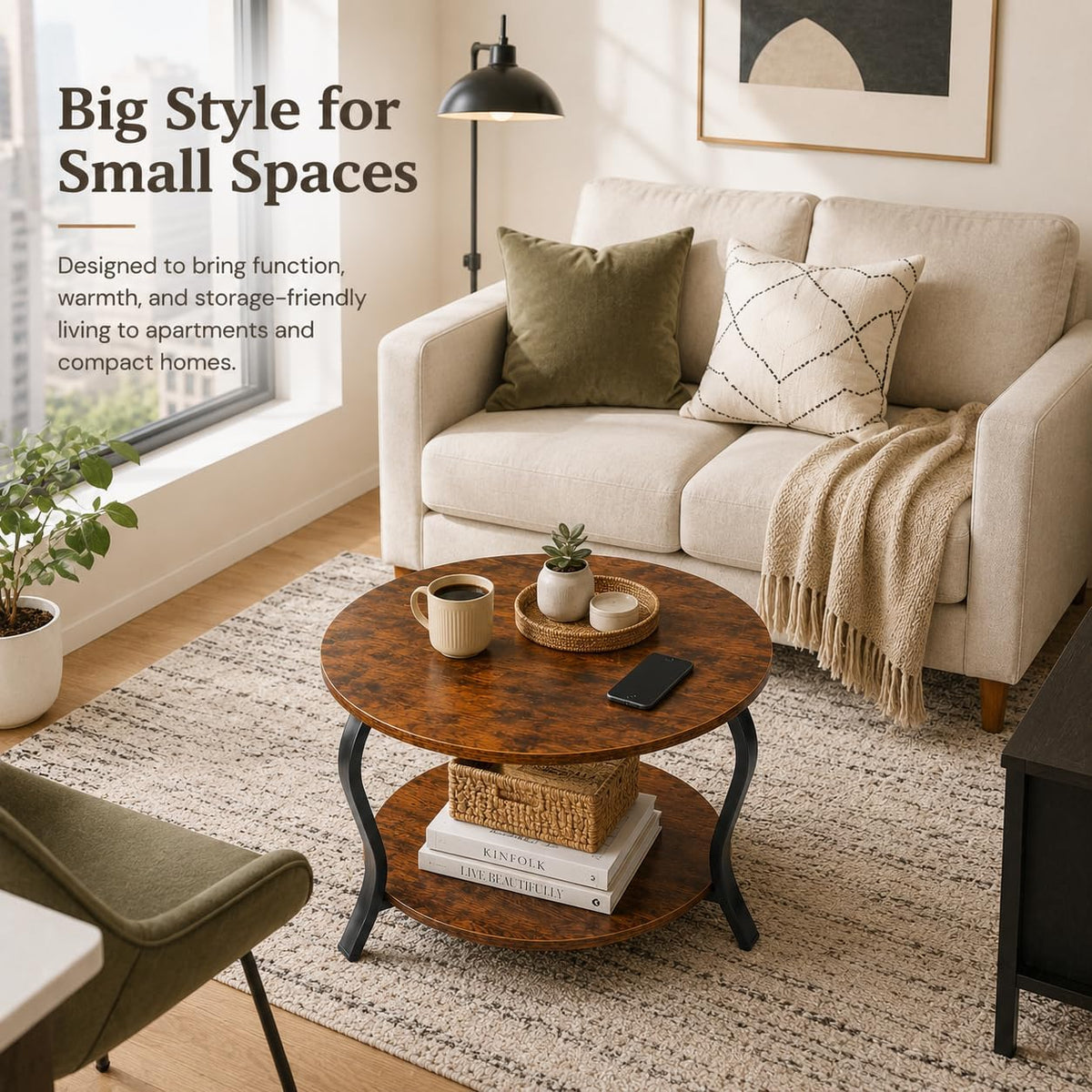 YEAKOO Small Round Coffee Table with Open Storage,23" 2-Tier Coffee Side Tables for Small Space, Accent Center Table Circle Sofa End Table with Wooden Table Top for Living Room Bedroom (Rustic Brown)
