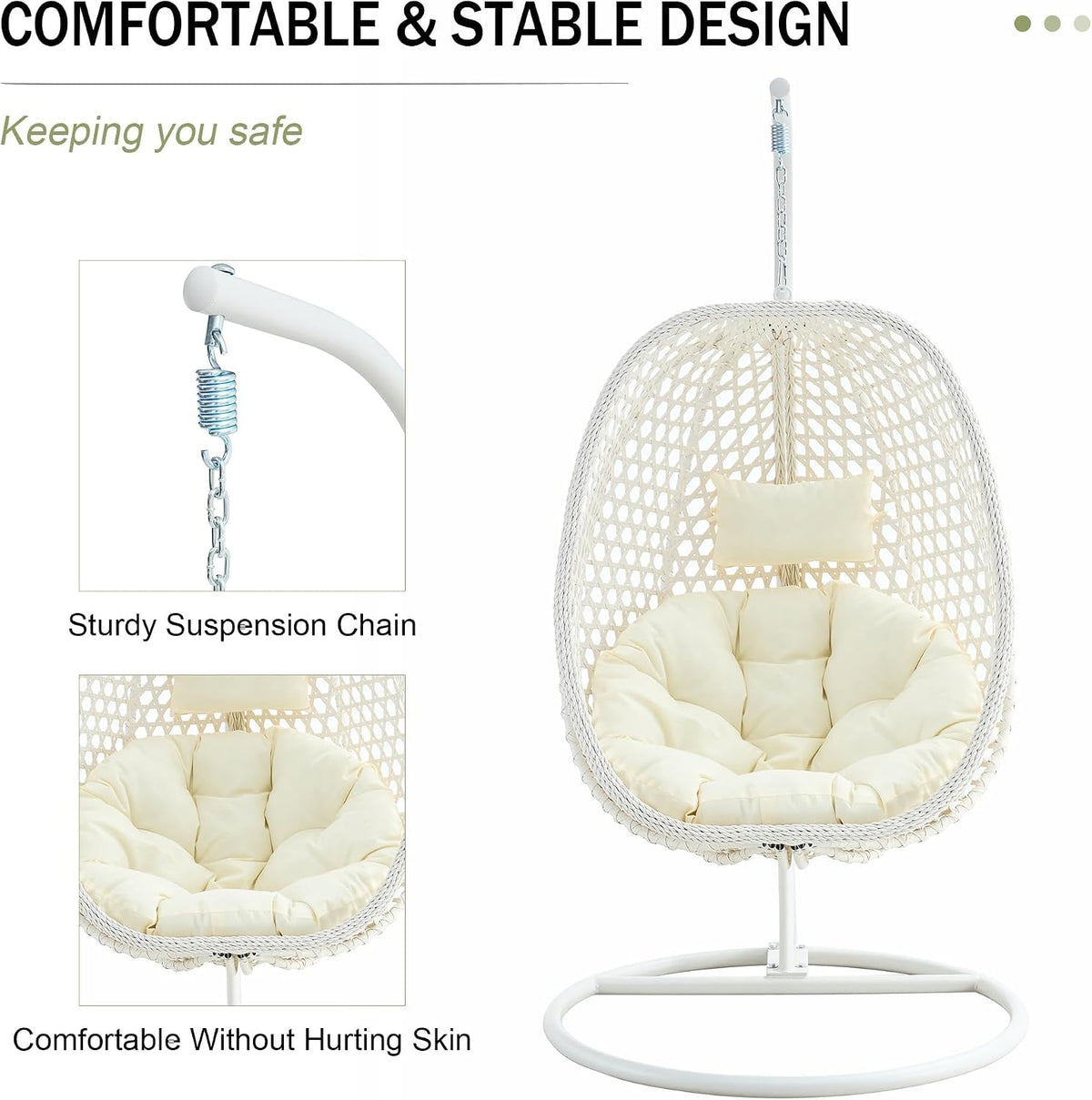 JUFU Egg Chair with Stand, Indoor and Covered Outdoor Hanging Egg Swing Chair with Removable Cushion and Headrest, 350 lb Capacity for Patio, Balcony, Porch, Bedroom, White