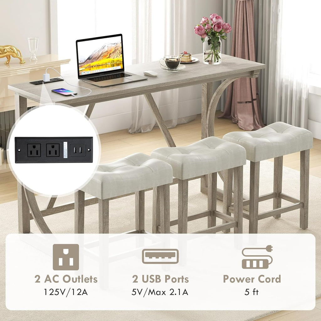 GIANTEX Small Dining Table Set - 4-Piece Bar Table and Chairs Set with Power Outlet, Upholstered Saddle Seat Stools, Counter Height Dining Table Set, Breakfast Nook for 3 People, Kitchen Table Set